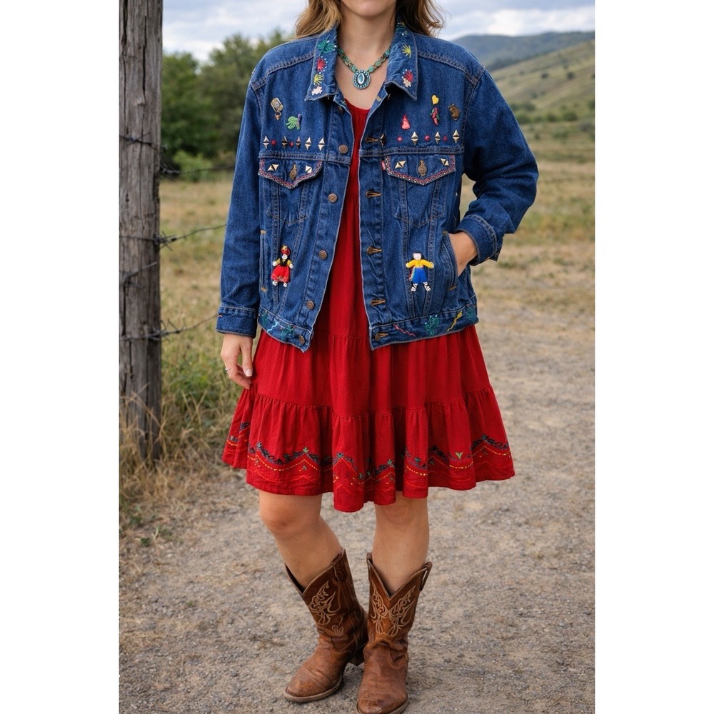 Levi's Custom Painted Folk Art Denim Jacket As 40 Western Beaded Cowgirl Art